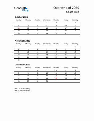 Costa Rica Quarter 4  2025 calendar template