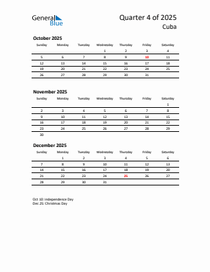 Cuba Quarter 4 2025 calendar template