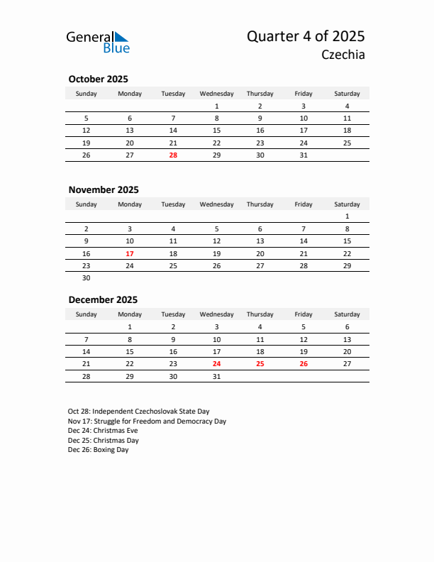 2025 Q4 Three-Month Calendar for Czechia