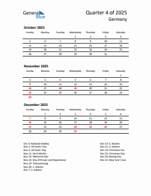 Germany Quarter 4  2025 calendar template