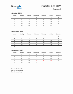 Denmark Quarter 4  2025 calendar template
