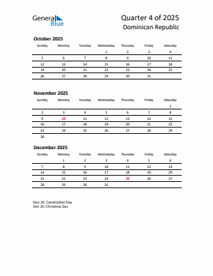 Dominican Republic Quarter 4  2025 calendar template