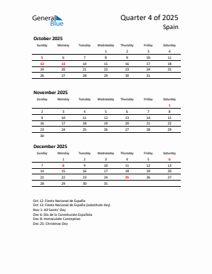 Spain Quarter 4 2025 calendar template