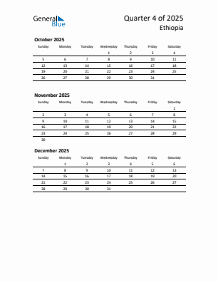 Ethiopia Quarter 4 2025 calendar template