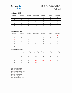 Finland Quarter 4  2025 calendar template