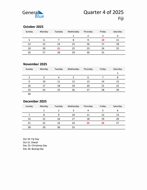 2025 Q4 Three-Month Calendar for Fiji