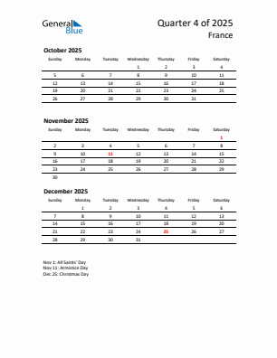 France Quarter 4 2025 calendar template