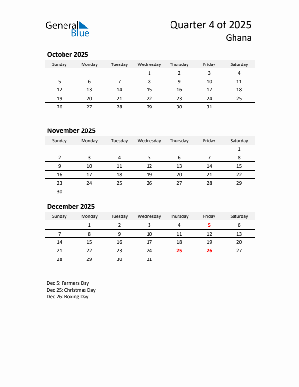 2025 Q4 Three-Month Calendar for Ghana