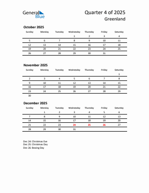 Greenland Quarter 4  2025 calendar template