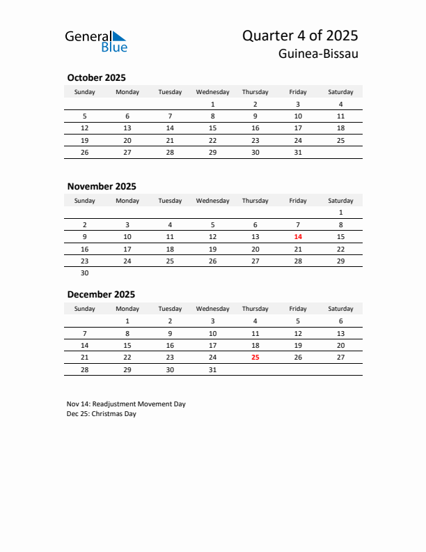 2025 Q4 Three-Month Calendar for Guinea-Bissau
