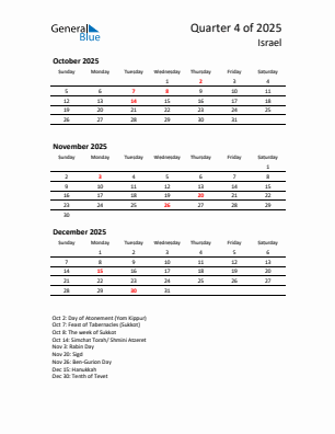 Israel Quarter 4  2025 calendar template