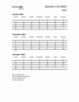 Italy Quarter 4  2025 calendar template