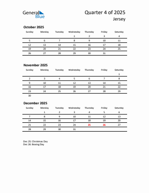 Jersey Quarter 4 2025 calendar template