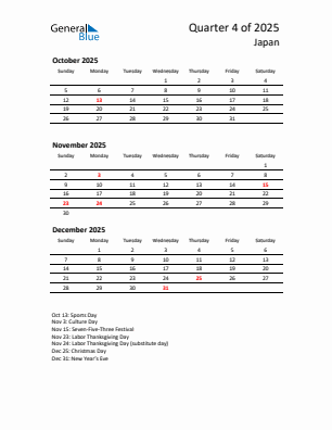Japan Quarter 4 2025 calendar template