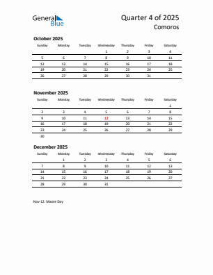 Comoros Quarter 4  2025 calendar template