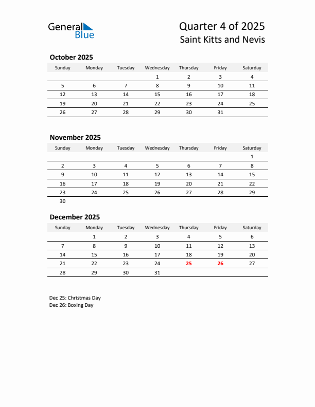 2025 Q4 Three-Month Calendar for Saint Kitts and Nevis