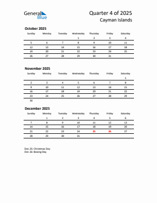 Cayman Islands Quarter 4  2025 calendar template