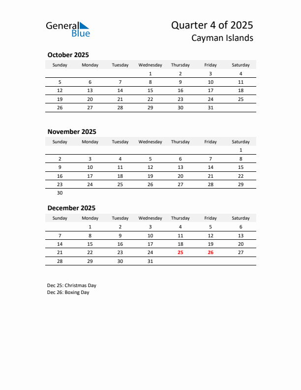 2025 Q4 Three-Month Calendar for Cayman Islands