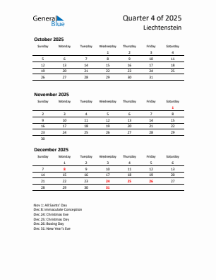 Liechtenstein Quarter 4 2025 calendar template