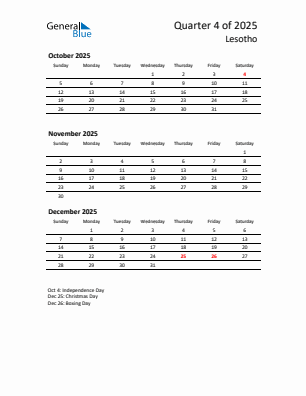 Lesotho Quarter 4 2025 calendar template