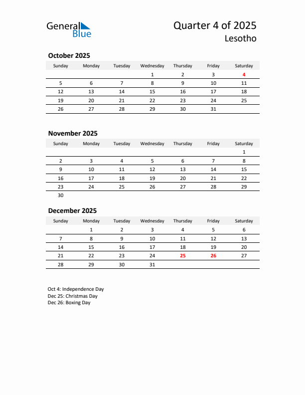 2025 Q4 Three-Month Calendar for Lesotho