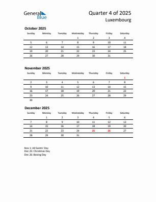 Luxembourg Quarter 4  2025 calendar template