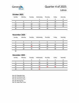 Latvia Quarter 4 2025 calendar template