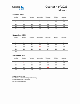 Monaco Quarter 4 2025 calendar template