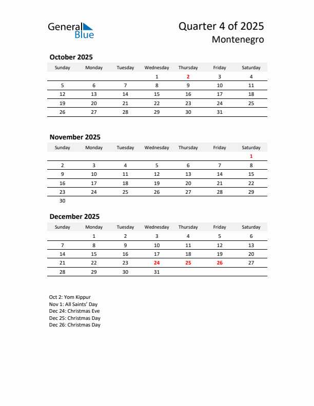 2025 Q4 Three-Month Calendar for Montenegro