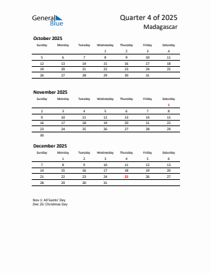 Madagascar Quarter 4 2025 calendar template