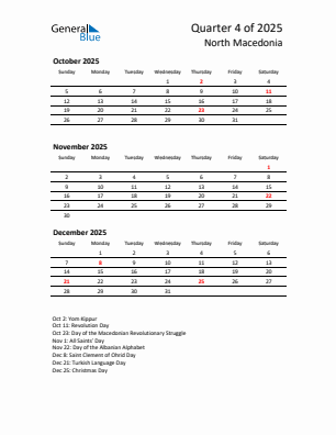North Macedonia Quarter 4  2025 calendar template