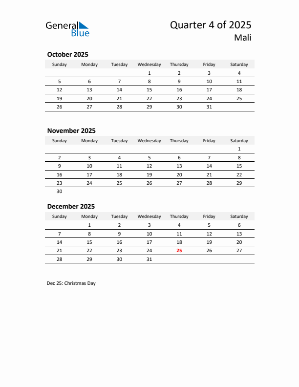 2025 Q4 Three-Month Calendar for Mali