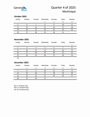 Martinique Quarter 4 2025 calendar template
