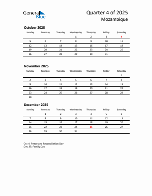 Mozambique Quarter 4 2025 calendar template