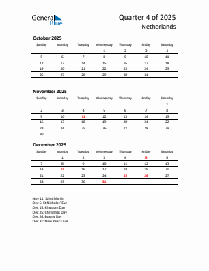 The Netherlands Quarter 4 2025 calendar template