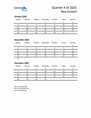 New Zealand Quarter 4  2025 calendar template