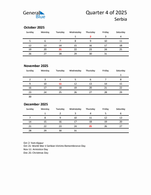 Serbia Quarter 4 2025 calendar template