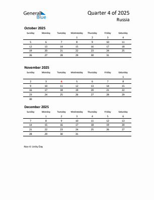 Russia Quarter 4 2025 calendar template