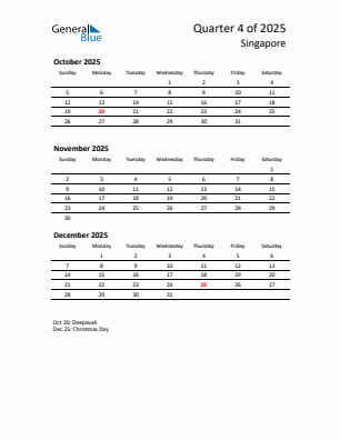 Singapore Quarter 4 2025 calendar template