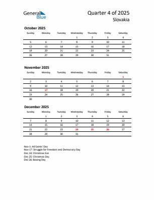 Slovakia Quarter 4  2025 calendar template