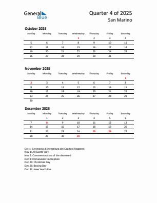 San Marino Quarter 4 2025 calendar template