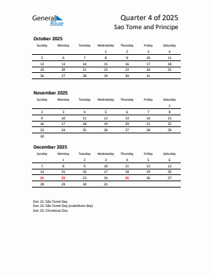 Sao Tome and Principe Quarter 4  2025 calendar template