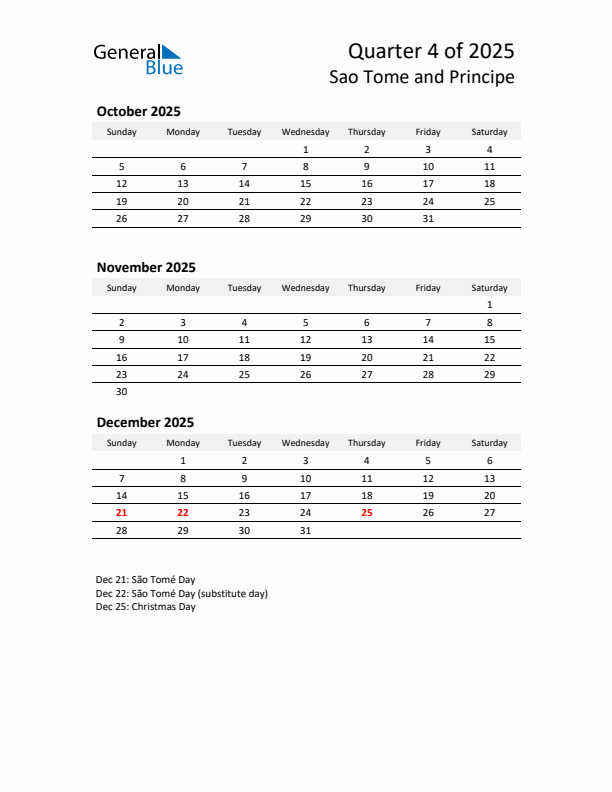 2025 Q4 Three-Month Calendar for Sao Tome and Principe