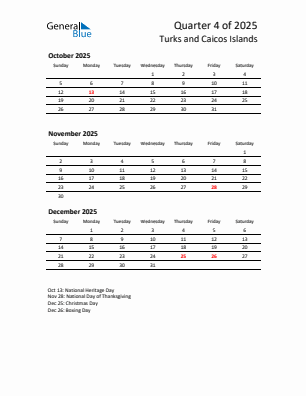 Turks and Caicos Islands Quarter 4  2025 calendar template