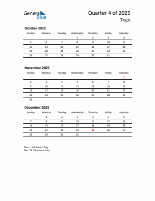 Togo Quarter 4  2025 calendar template