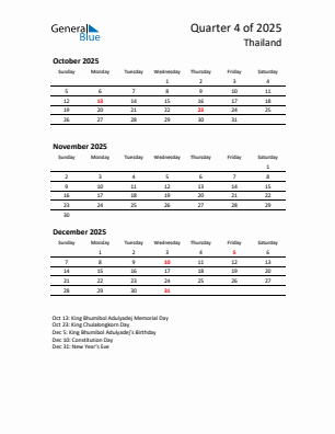 Thailand Quarter 4  2025 calendar template