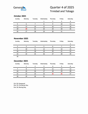 Trinidad and Tobago Quarter 4  2025 calendar template
