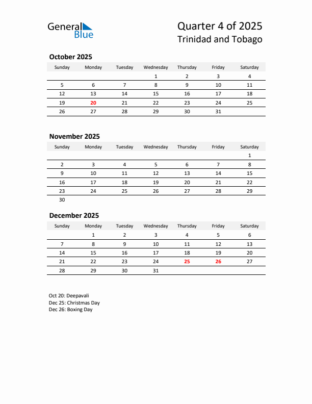 2025 Q4 Three-Month Calendar for Trinidad and Tobago