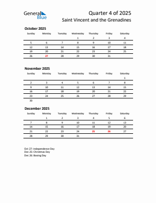 Saint Vincent and the Grenadines Quarter 4  2025 calendar template