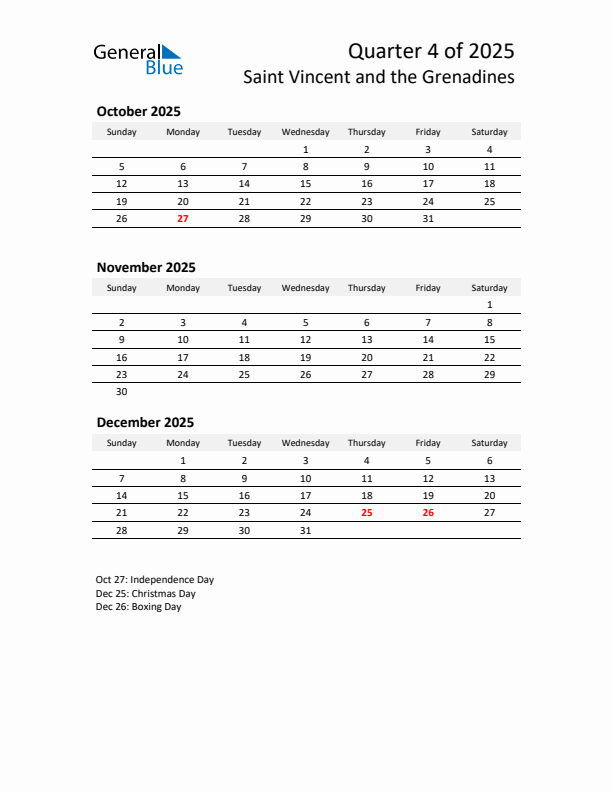 2025 Q4 Three-Month Calendar for Saint Vincent and the Grenadines